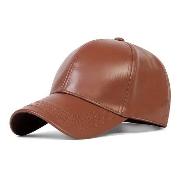 Brown Leather Baseball‎ Cap Hat, Mens, Womans, Adjustable Faux Leather Vegan - Picture 1 of 3